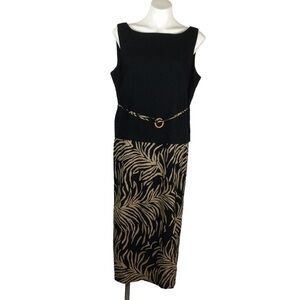Courtenay Linen blend black and tan leaf/zebra print belted dress